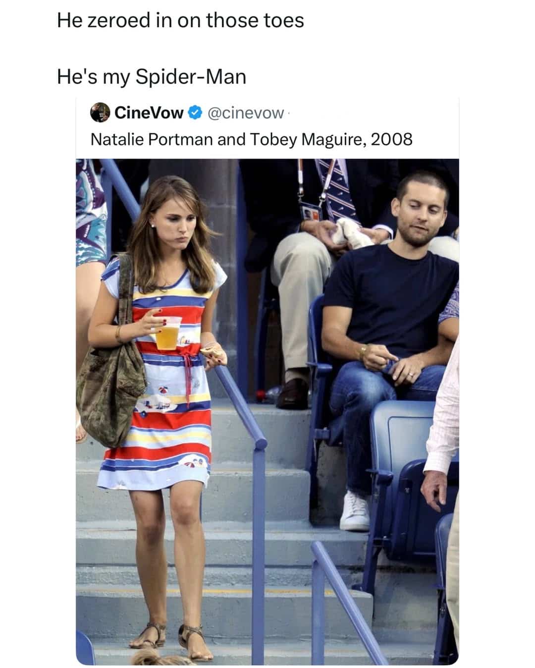 Funny celebrity photo meme of Tobey Maguire looking down at Natalie Portman wearing sandals.
