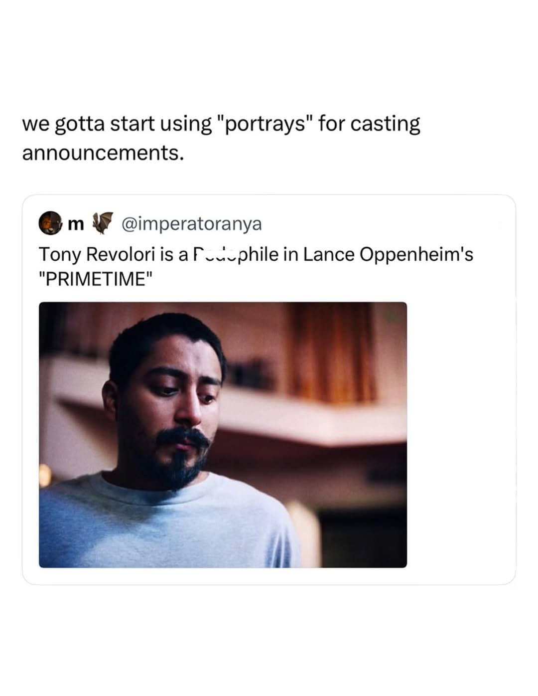 Tweet discussing casting announcements featuring a portrait of actor Tony Revolori for funny memes gallery.