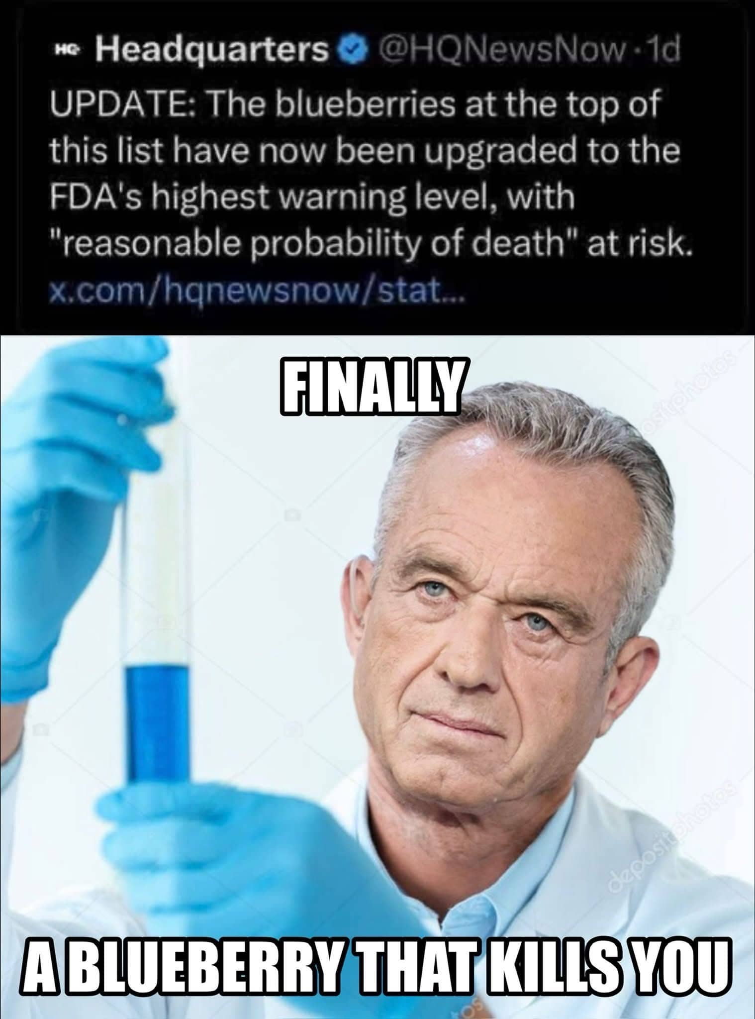 News report about toxic blueberries paired with scientist holding test tube caption funny meme.