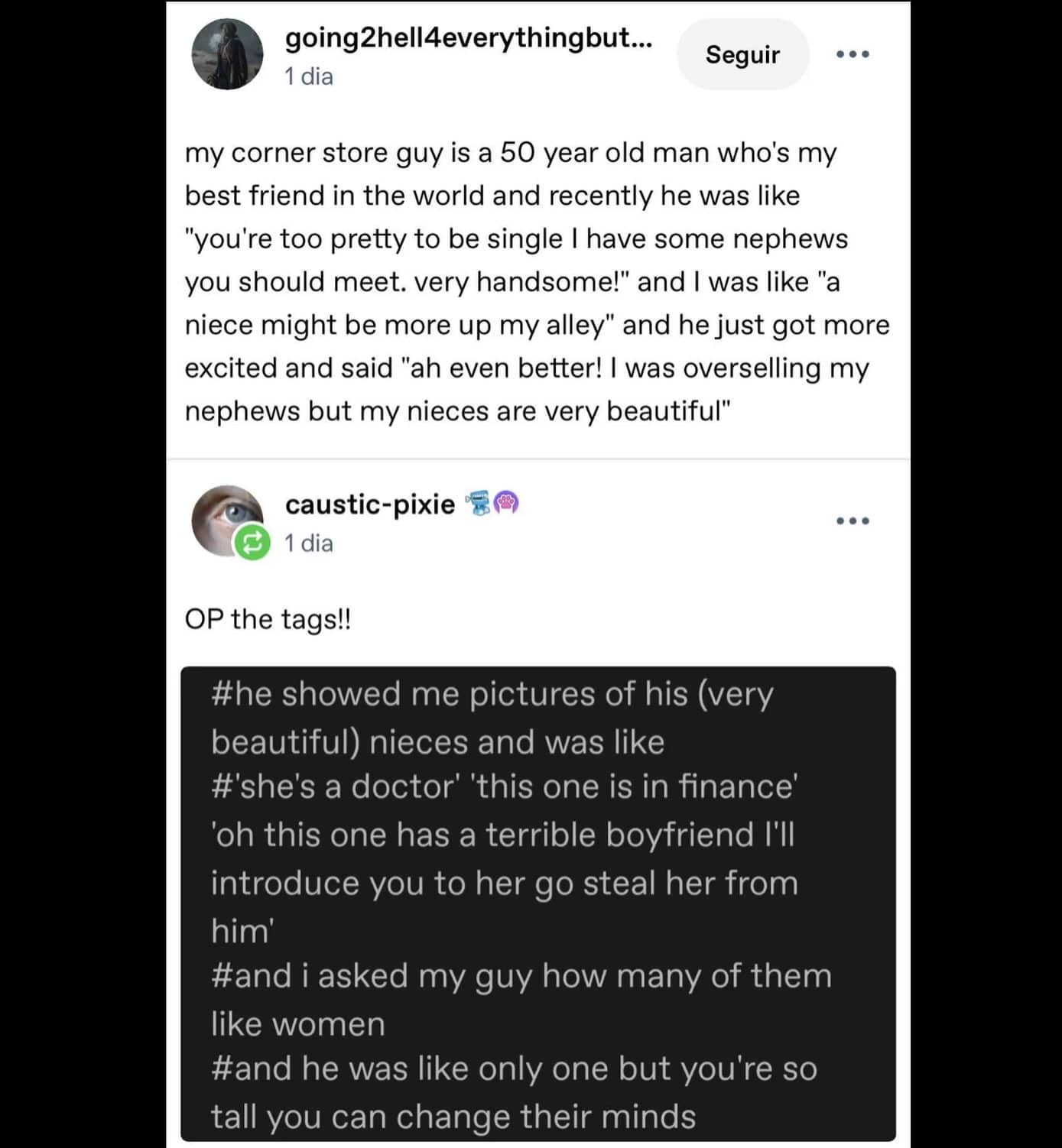 Social media post story screenshot about a corner store owner offering matchmaking advice to customer.