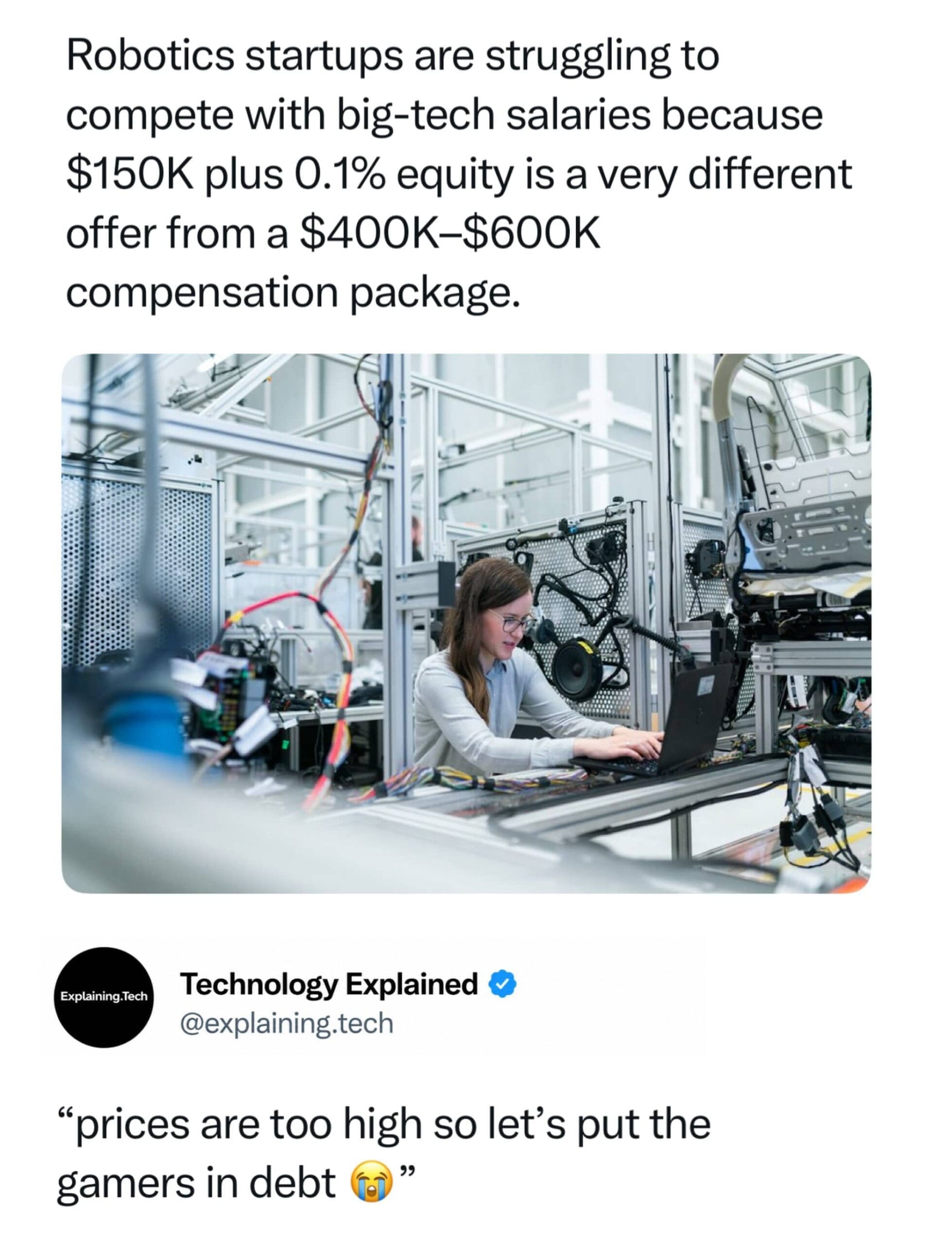 Tech meme discussing tech industry compensation packages and robotics engineering startup salaries vs big tech.