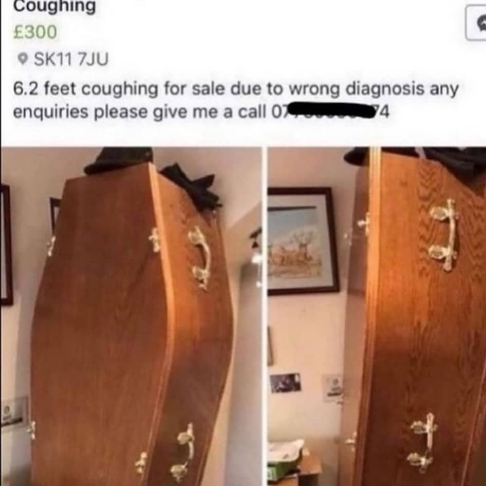 Funny memes Marketplace listing selling a wooden coffin mistakenly spelled as coughing.