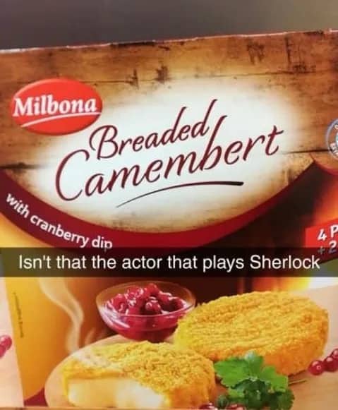 Product box labeled Breaded Camembert with caption joking about actor Benedict Cumberbatch funny meme.
