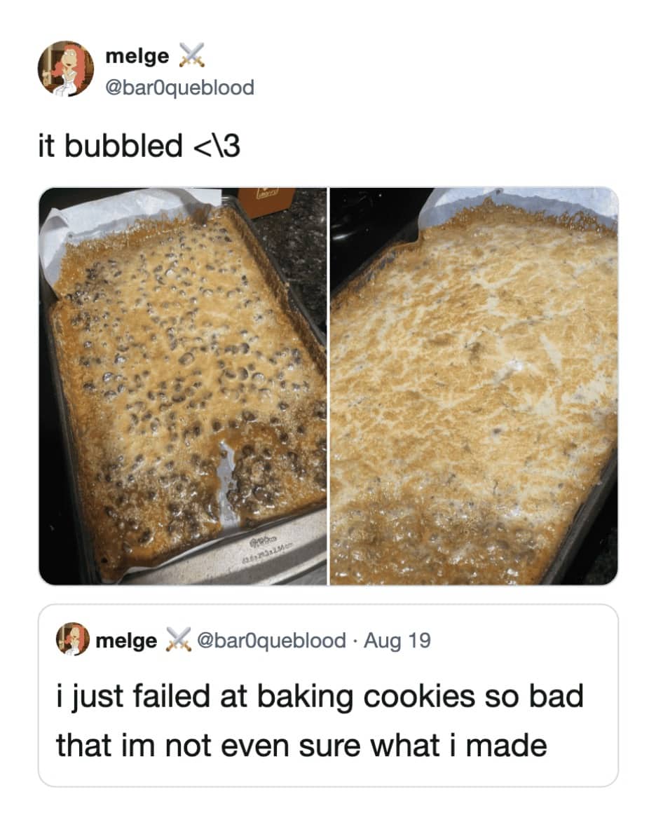 Baking tray with completely melted bubbly brown failed cookie recipe attempt funny meme.