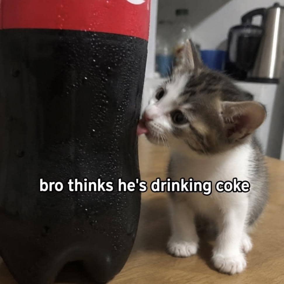 Funny memes kitten licking cold condensation off large soda bottle with cute caption.