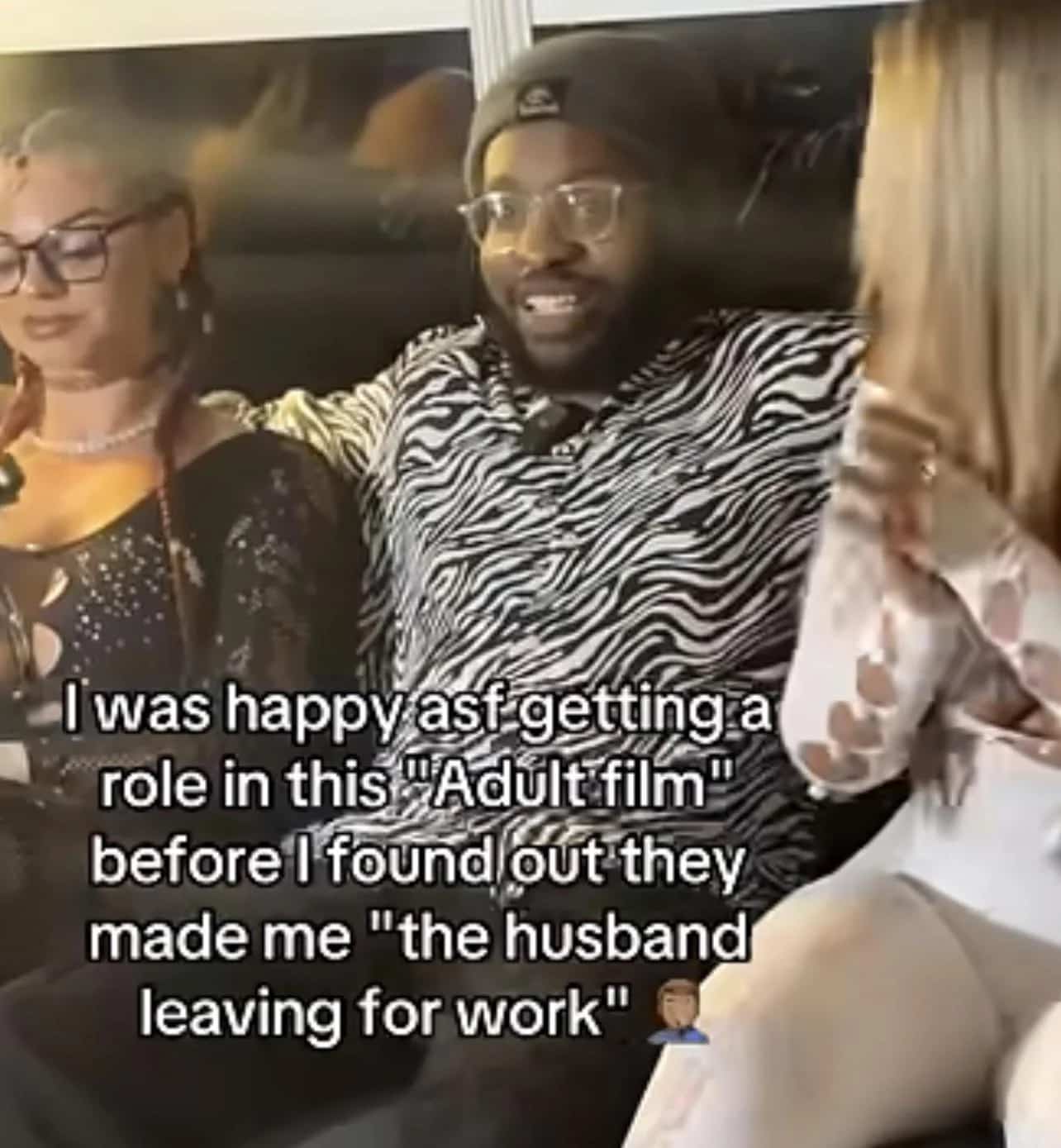 Man smiling with text describing role as husband leaving for work in film funny memes.