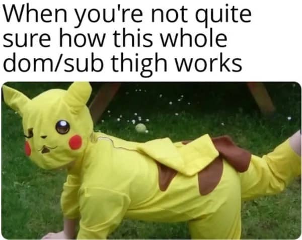 Person crawling outdoors in a full Pikachu onesie suit with funny relationship caption meme.