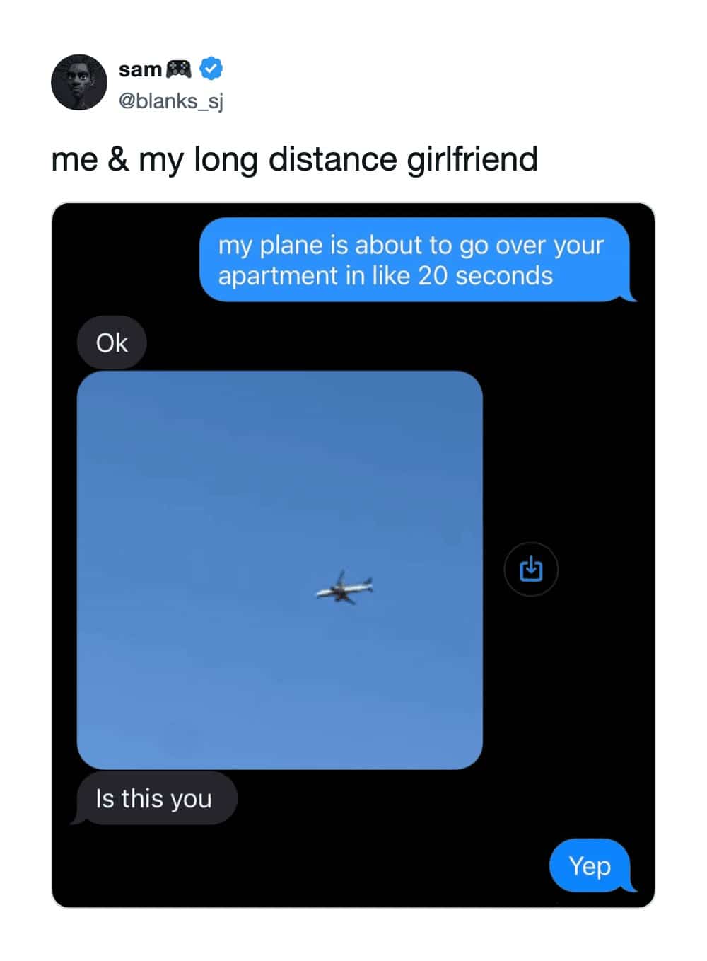 Text message thread showing airplane photo sent during flight over long distance girlfriend memes.