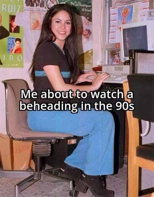 Relatable funny meme featuring Shakira sitting at a retro nineties computer desk.