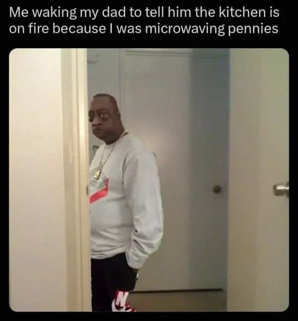 Beetlejuice standing in doorway with funny memes text about accidentally setting kitchen on fire.