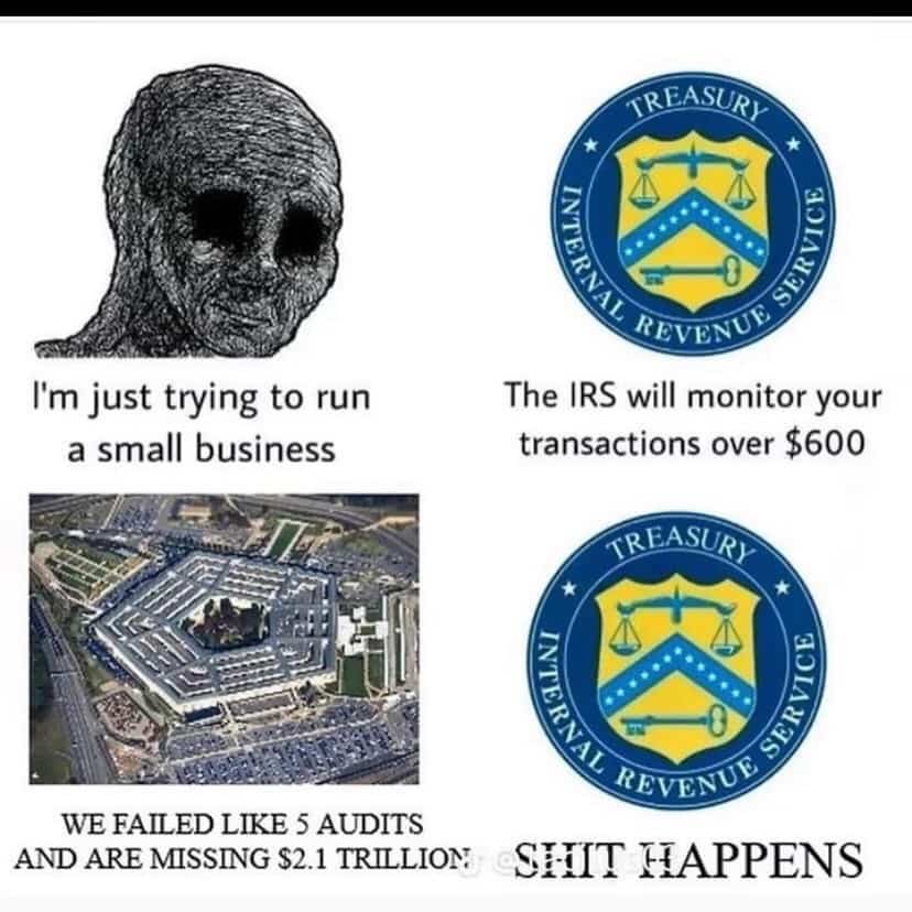 Meme showing small business tax monitoring compared to missing money in defense department audits.