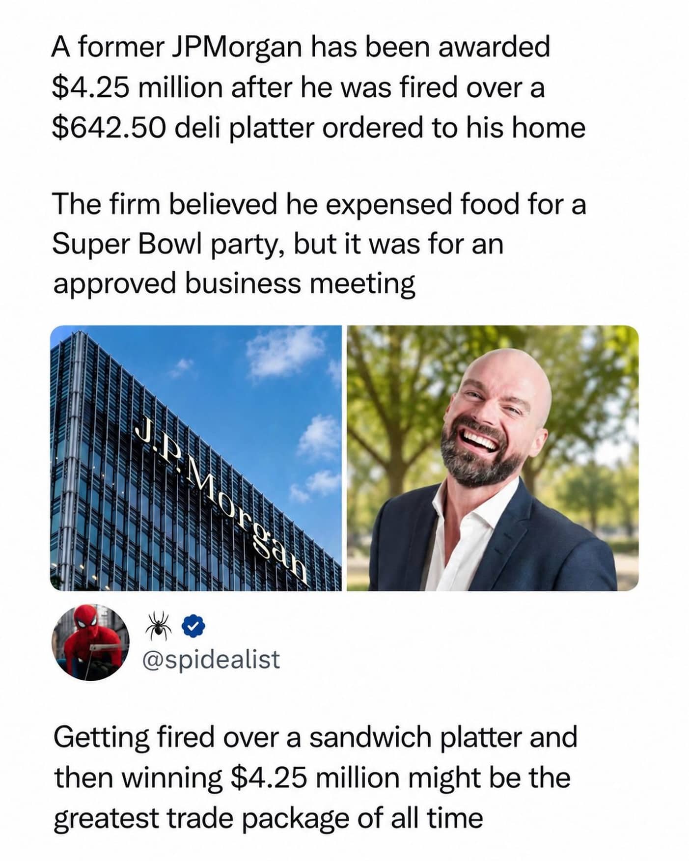 News commentary meme about JPMorgan employee winning payout after getting fired over deli platter.
