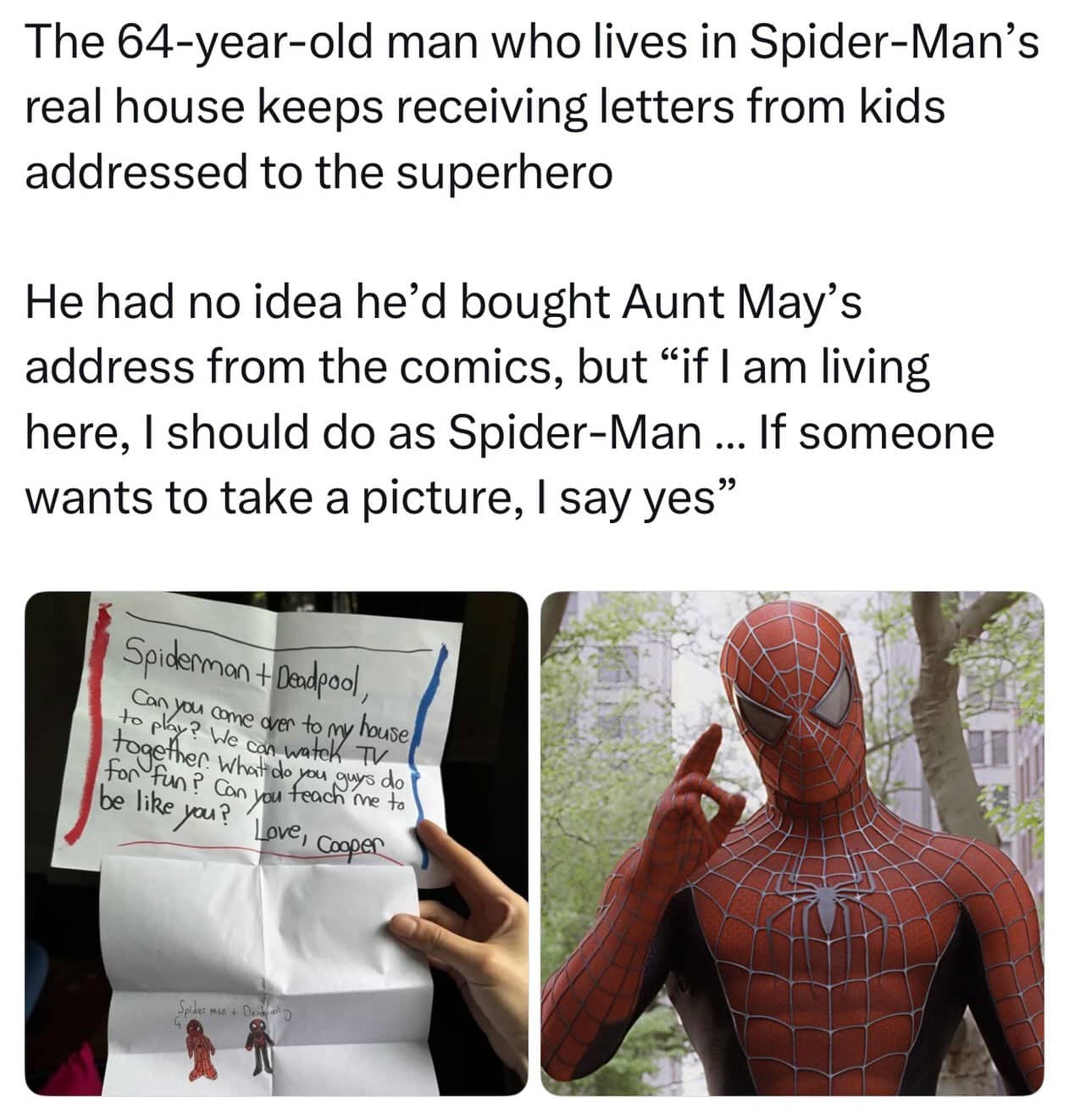 Letter to Spider-Man and Deadpool from a child next to Spider-Man suit visual image.