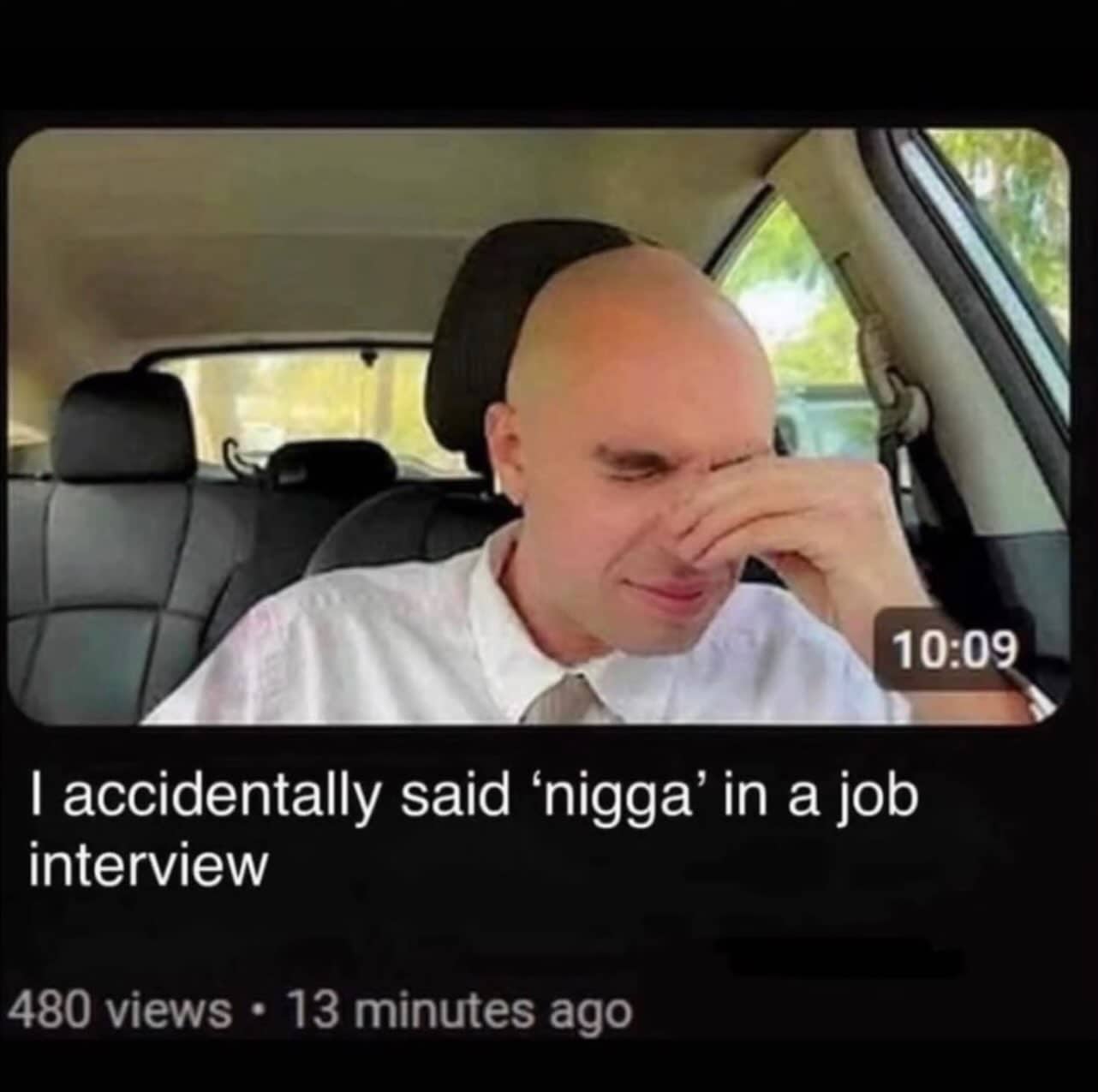 Funny memes video screenshot of man stressing in car after job interview mistake.