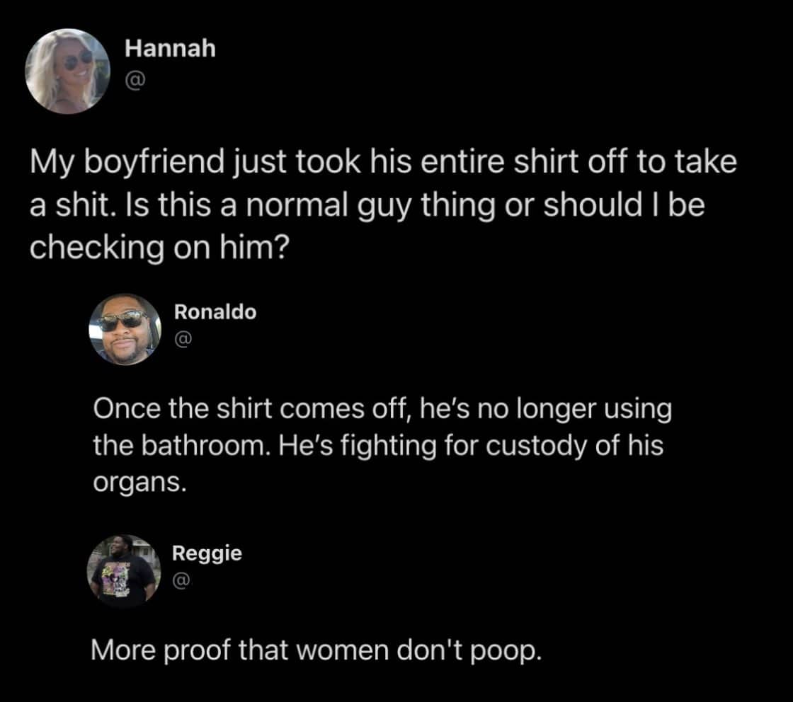 Social media thread meme about men taking their shirt off during intense bathroom trips.