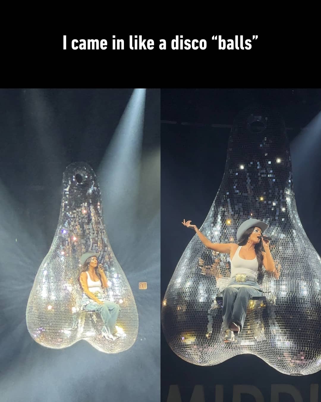 Country singer performing inside a giant testicular shaped disco ball prop funny concert meme.