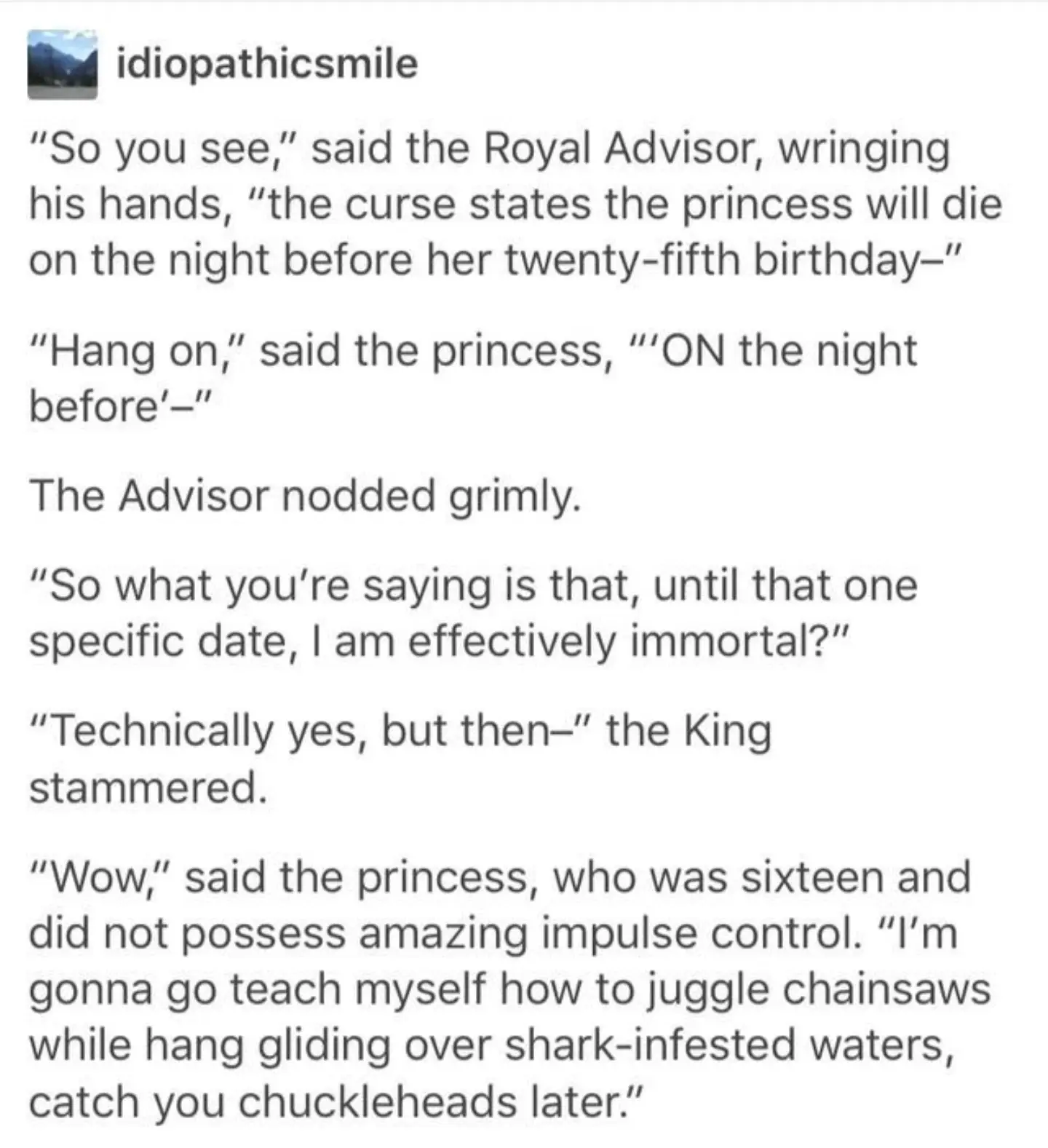 Text post describing a funny fantasy story about a princess finding a curse loop hole.