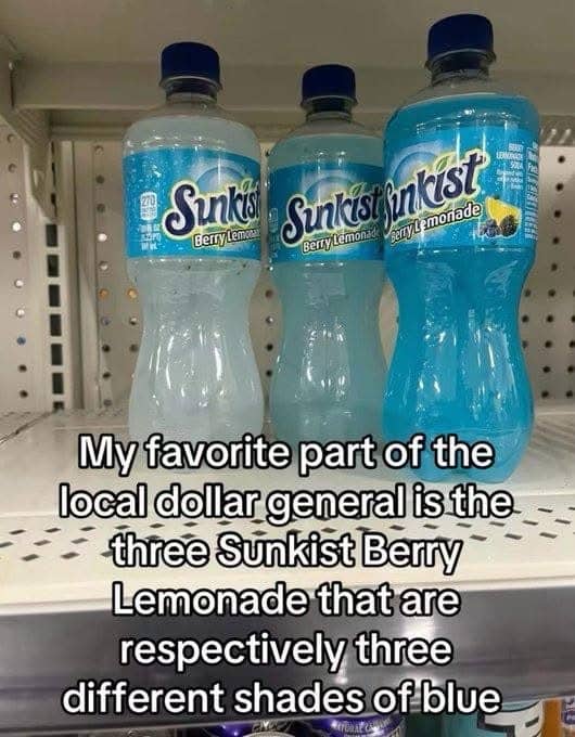 Funny retail product meme showing three Sunkist Berry Lemonade bottles with completely different blue colors.