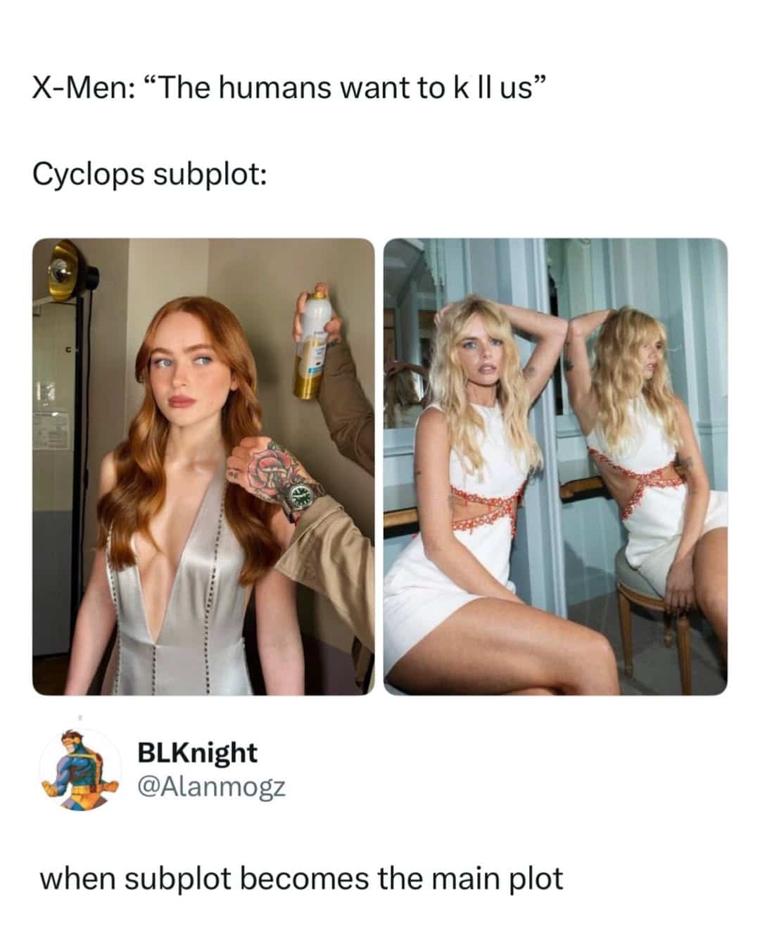 X-Men funny memes post showing Cyclops romantic subplot taking focus away from main plotline.