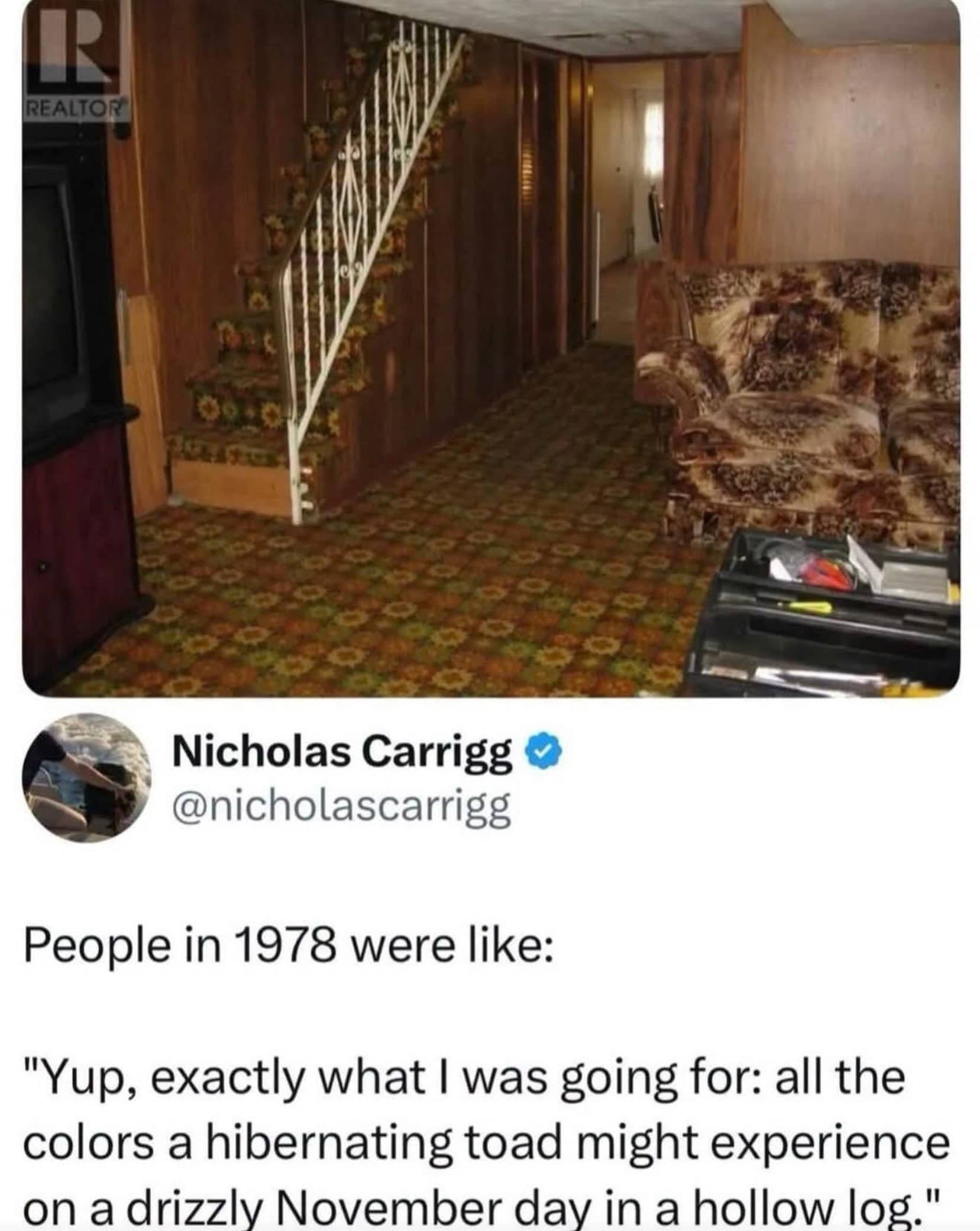 Vintage nineteen seventies wood paneled room with brown carpet joke caption about decor meme.
