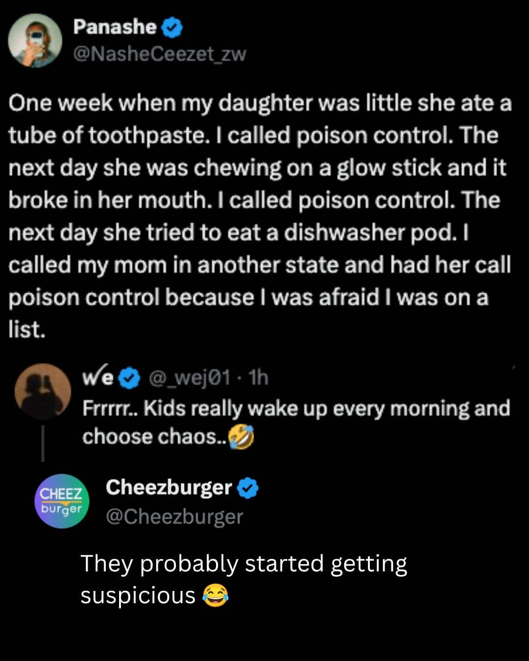 Social media thread about parent repeatedly calling poison control for chaotic toddler funny meme.