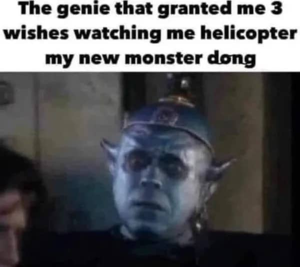 Shocked blue genie meme reaction face responding to a absurd granting three wishes prompt.