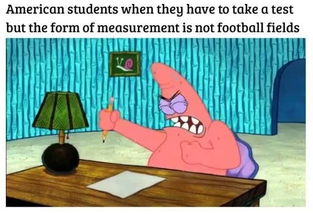 Patrick Star from SpongeBob angrily taking a test without standard measurement units funny meme.