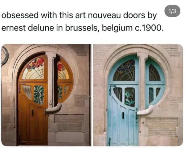 Unique Art Nouveau double doors with stained glass created by Ernest Delune in Brussels.