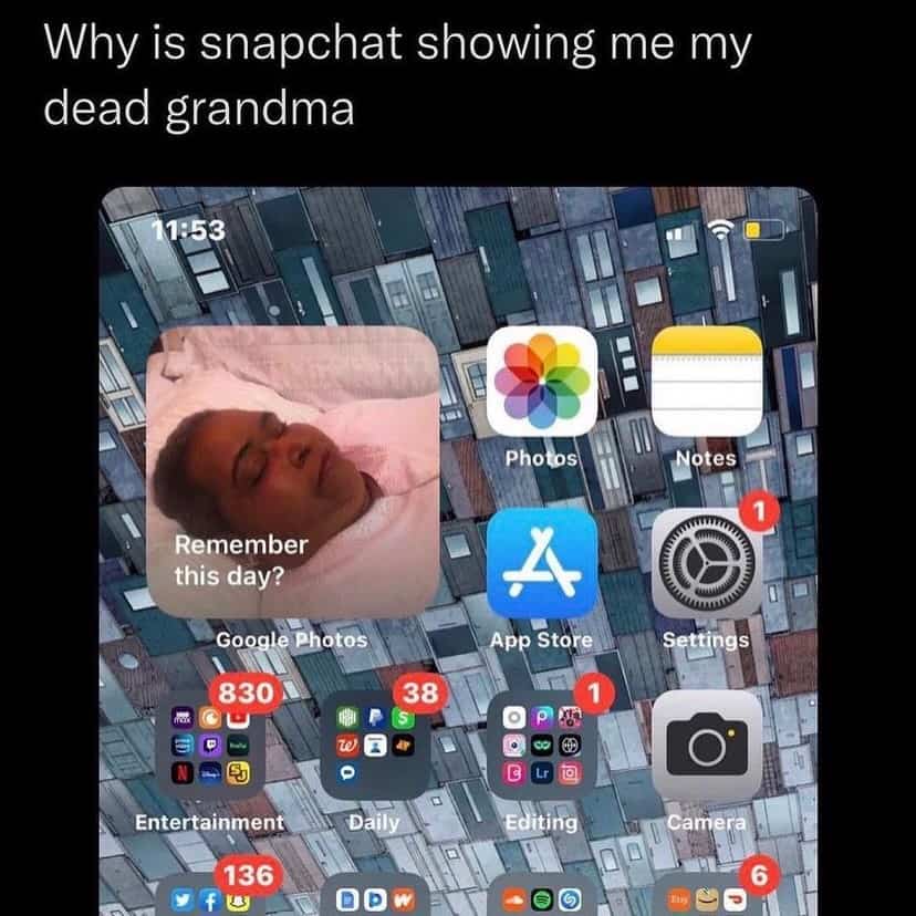 Screenshot of phone home screen displaying a funny Google Photos memory featuring a sleeping relative.