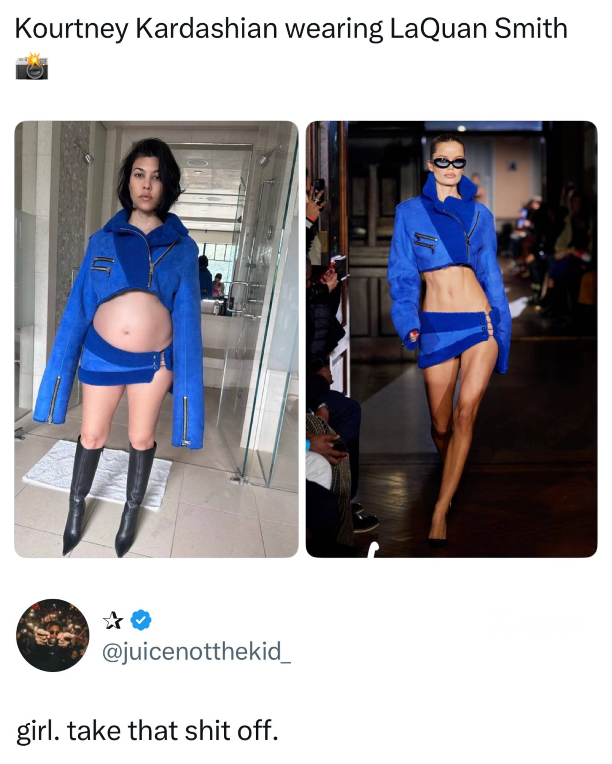 Funny memes post comparing Kourtney Kardashian blue fashion outfit to runway model look.