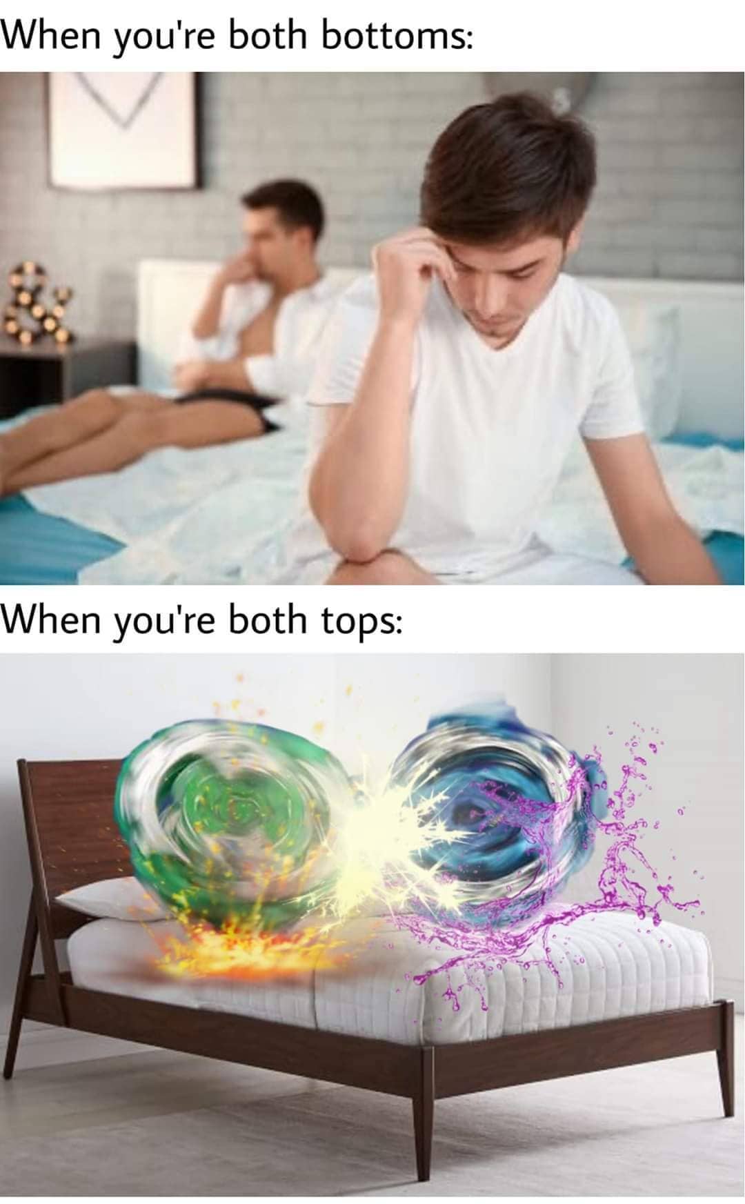 Funny relationship dynamics meme contrasting two people in bed with spinning Beyblades battling intense.
