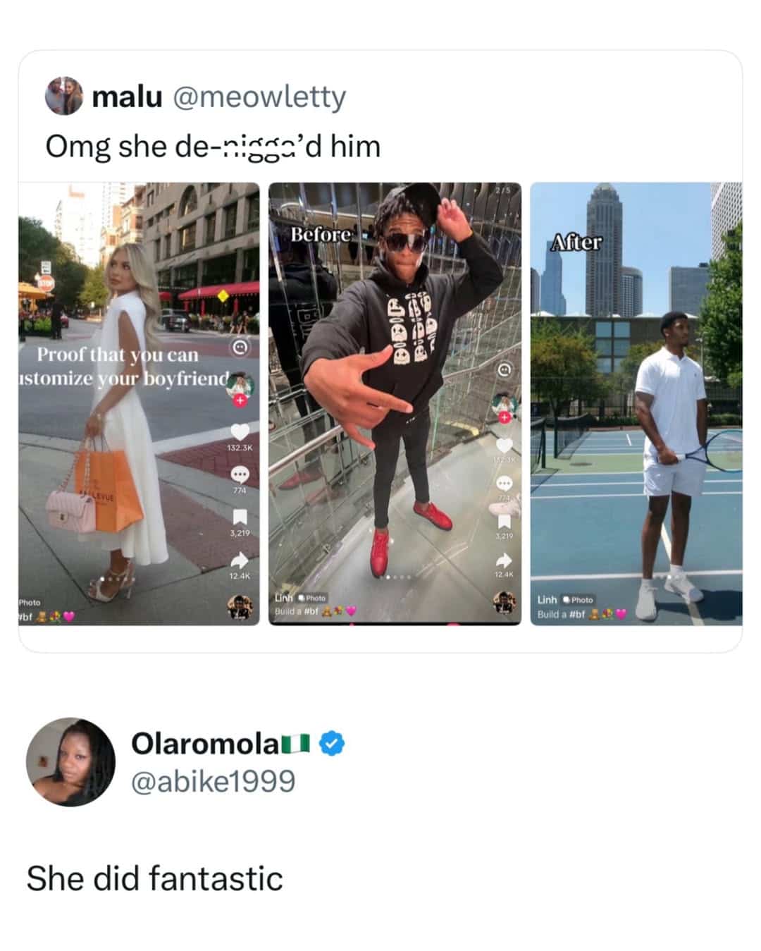 Viral funny memes post reacting to a girlfriend completely changing her boyfriend style and appearance.