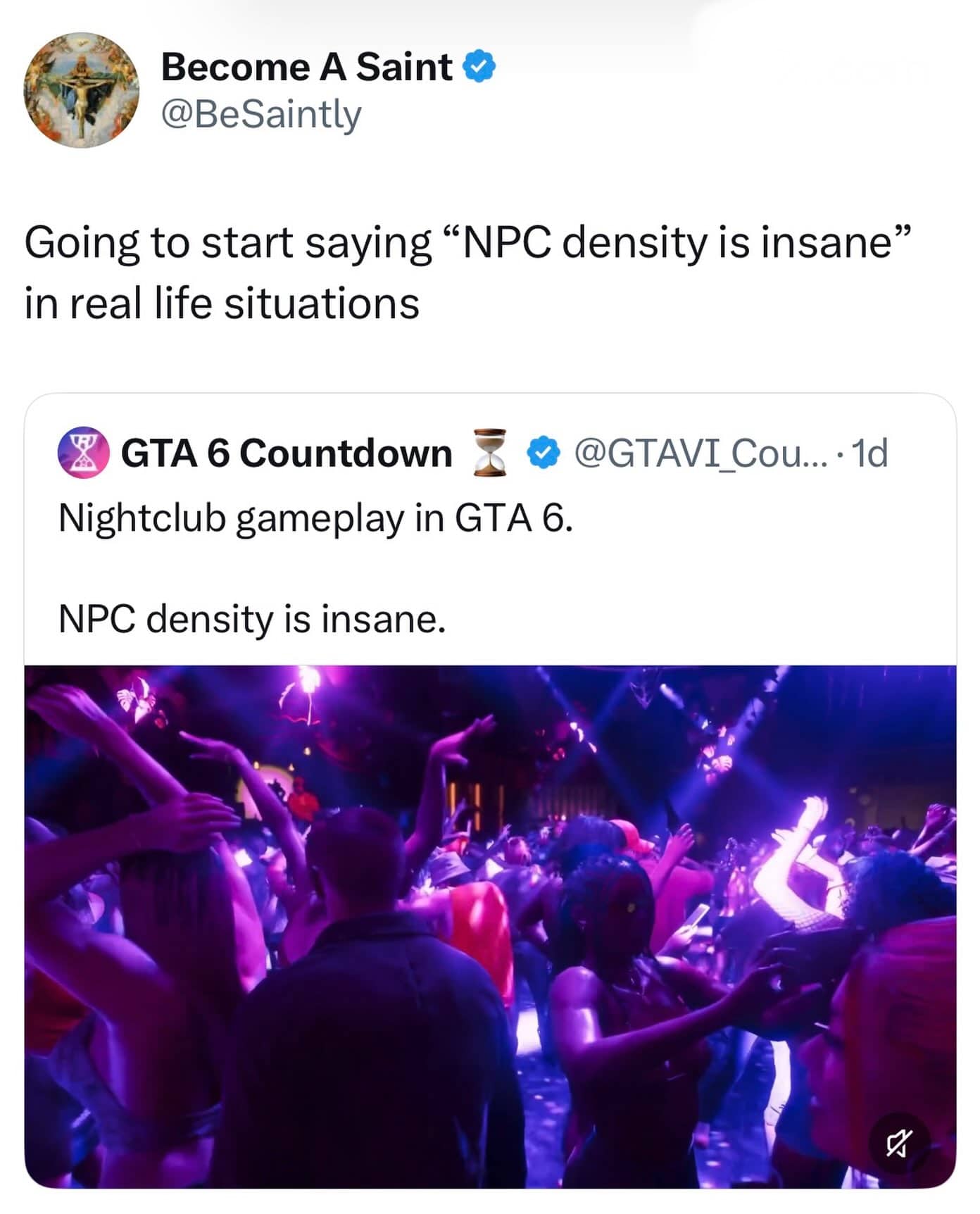 GTA 6 gaming meme comparing packed crowded real life environments to nightclub NPCs.