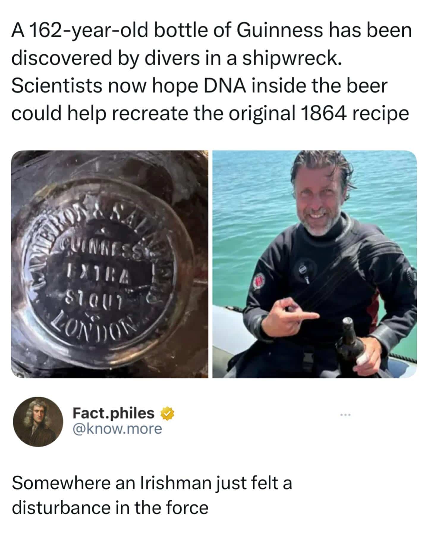 Funny news story meme about divers discovering a century-old bottle of Guinness stout in shipwreck.