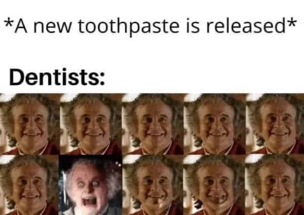 Grid of Bilbo Baggins faces with one scary face representing nine out of ten dentists.