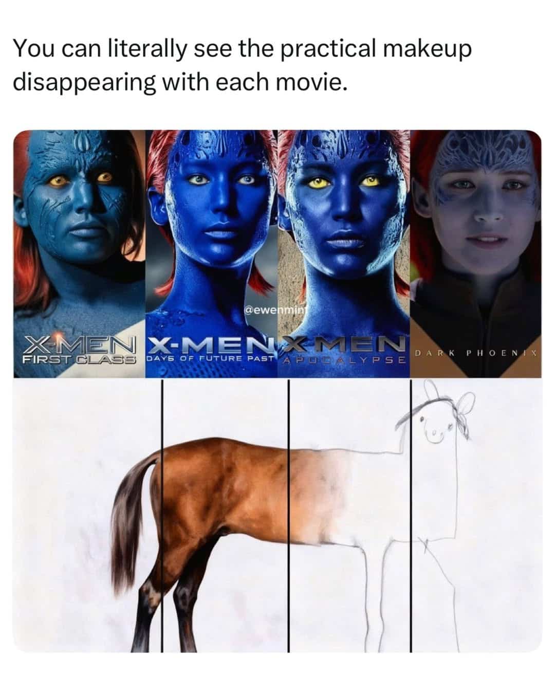 Movie funny memes comparing Mystique decreasing blue makeup detail to the drawing a horse meme.