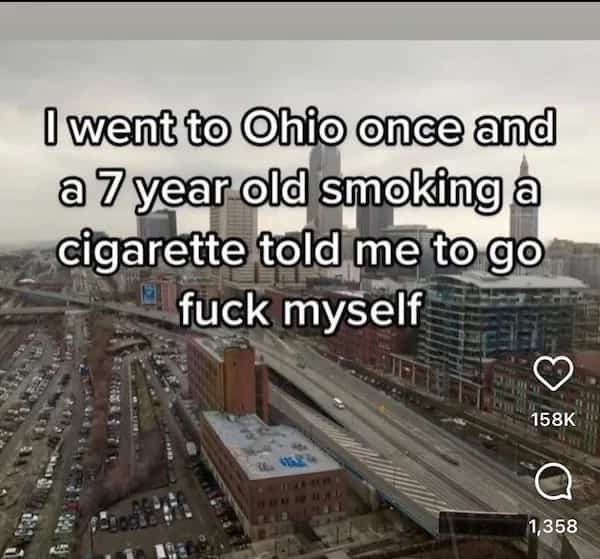 Aerial view of a city highway with text recounting a funny encounter in Ohio.