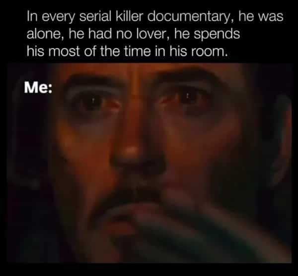 Iron Man meme featuring Robert Downey Jr looking shocked about serial killer documentary descriptions.