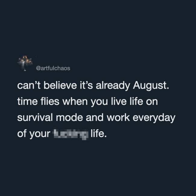Relatable text post discussing living life on survival mode and feeling time fly by fast.