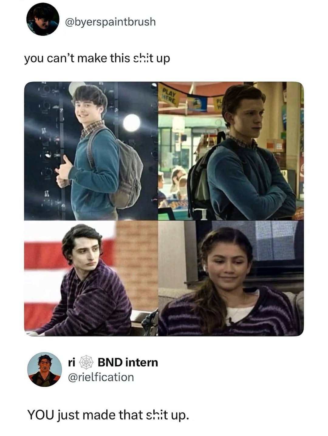 Four-panel actor photo collage comparing Stranger Things and Spider-Man cast members with tweet response