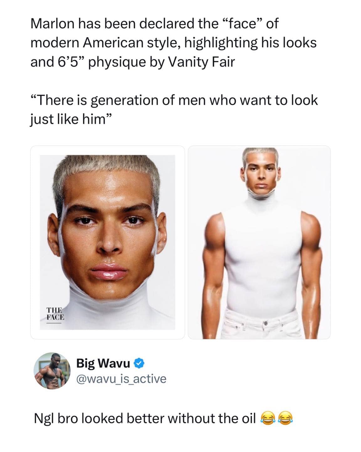 Social media post discussing modern male fashion model with commentary about shiny body oil.