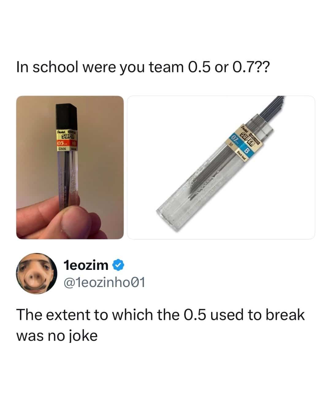 Nostalgic funny memes tweet discussing the debate between 0.5 and 0.7 mechanical pencil lead thickness.
