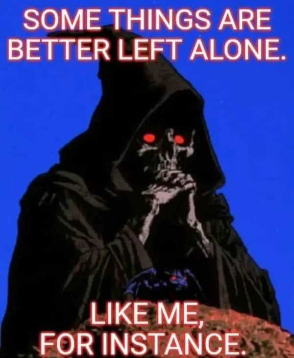 Dark fantasy reaper figure illustration with relatable introverted text caption, funny memes.