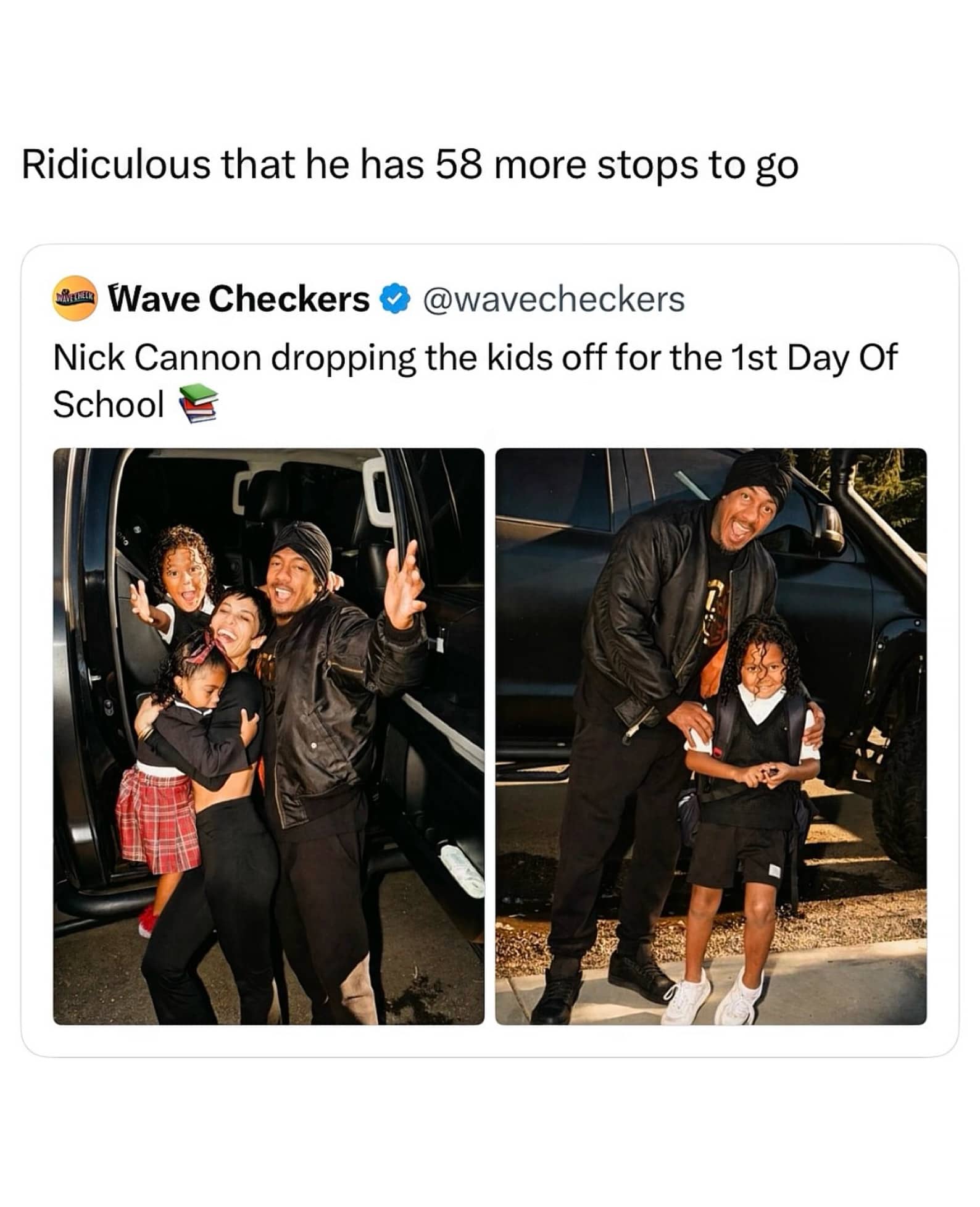 Tweet commentary joke about Nick Cannon dropping off his many children for school meme.