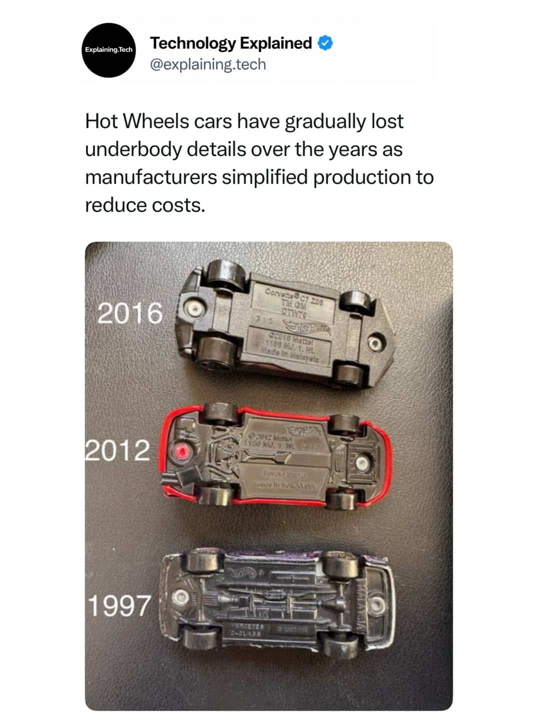 Interesting funny memes post showing how Hot Wheels underbody car details simplified over the years.