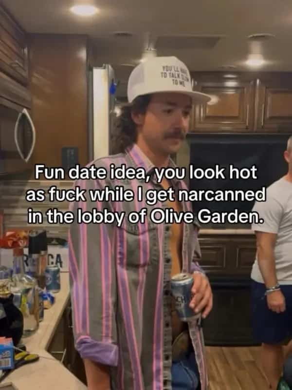Man wearing a unbuttoned shirt and trucker hat with a text meme about date ideas.