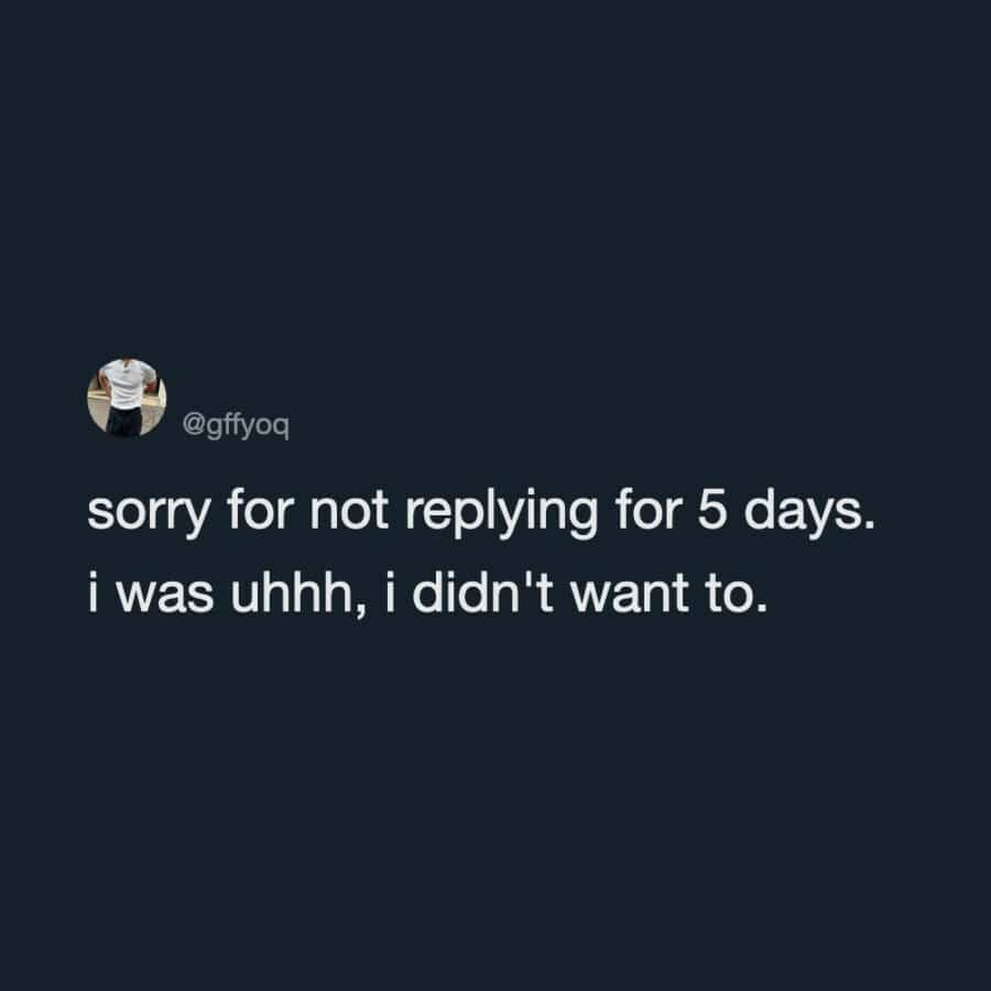 Text post meme giving a funny blunt excuse for ignoring text messages for five days.