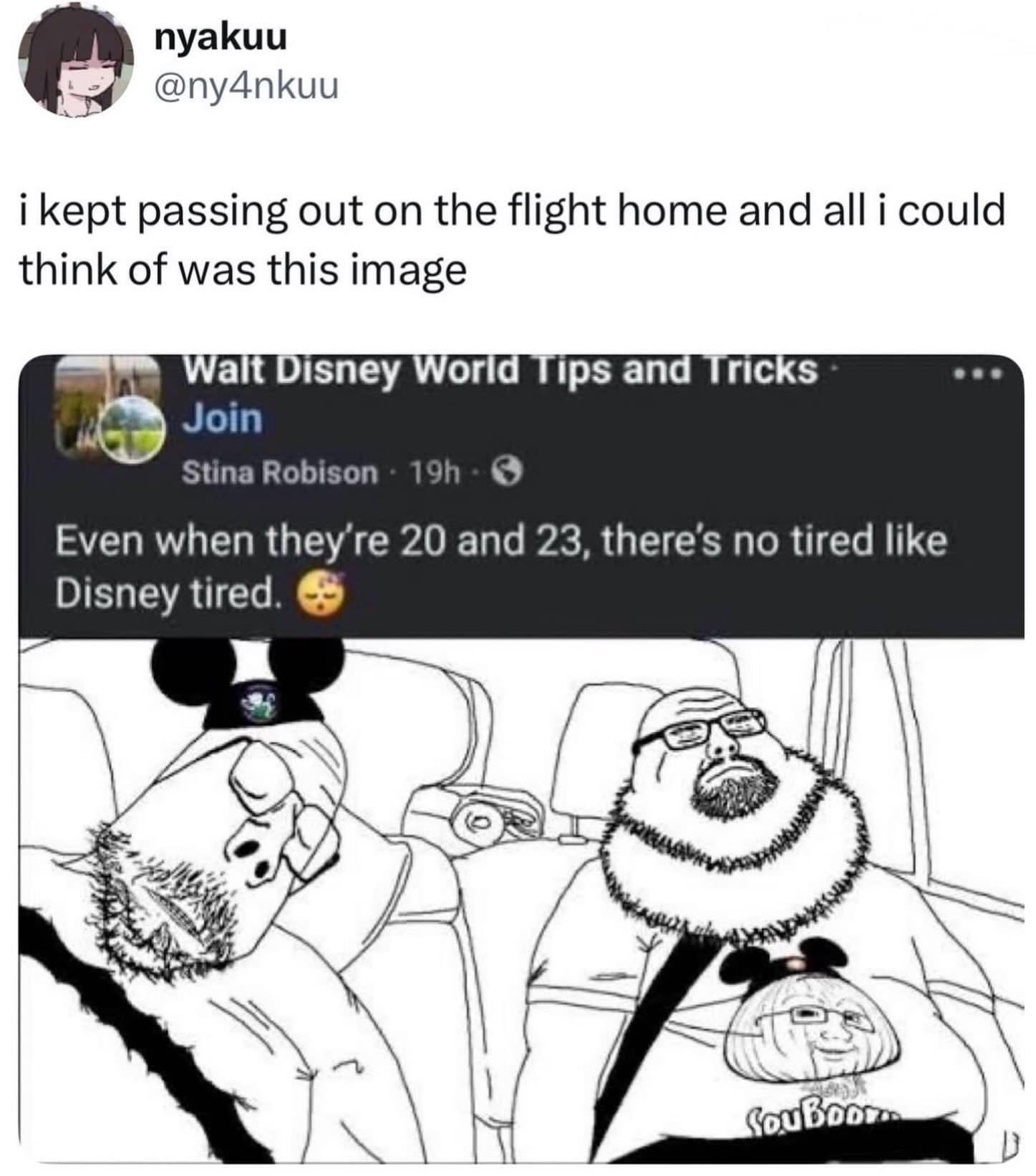 Meme illustration of two exhausted adult men wearing Mickey Mouse ears inside a car.