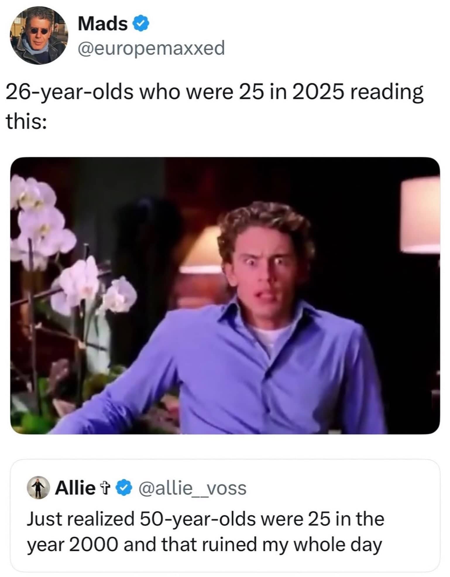 James Franco shocked expression meme responding to realizing timeline math about aging and decades past.