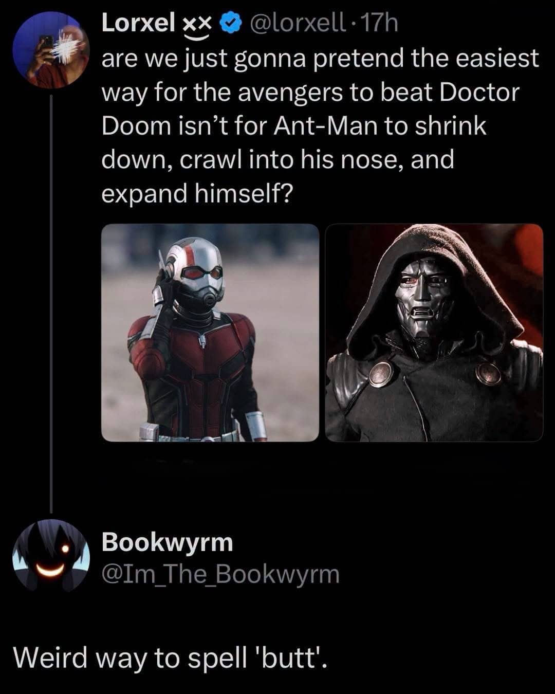 Marvel social media meme featuring Ant-Man and Doctor Doom with a humorous fan comment response.